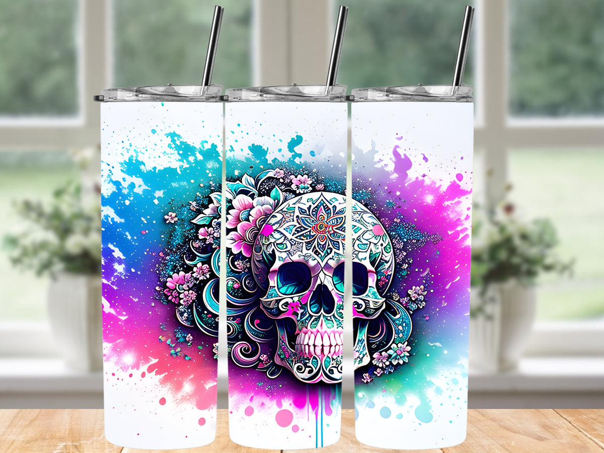 Sugar Skull Tumbler Design, 20oz Png Tumbler wrap, Skull With Flowers Png Digital Download, 3D Png, High Resolution, Tumbler Prints