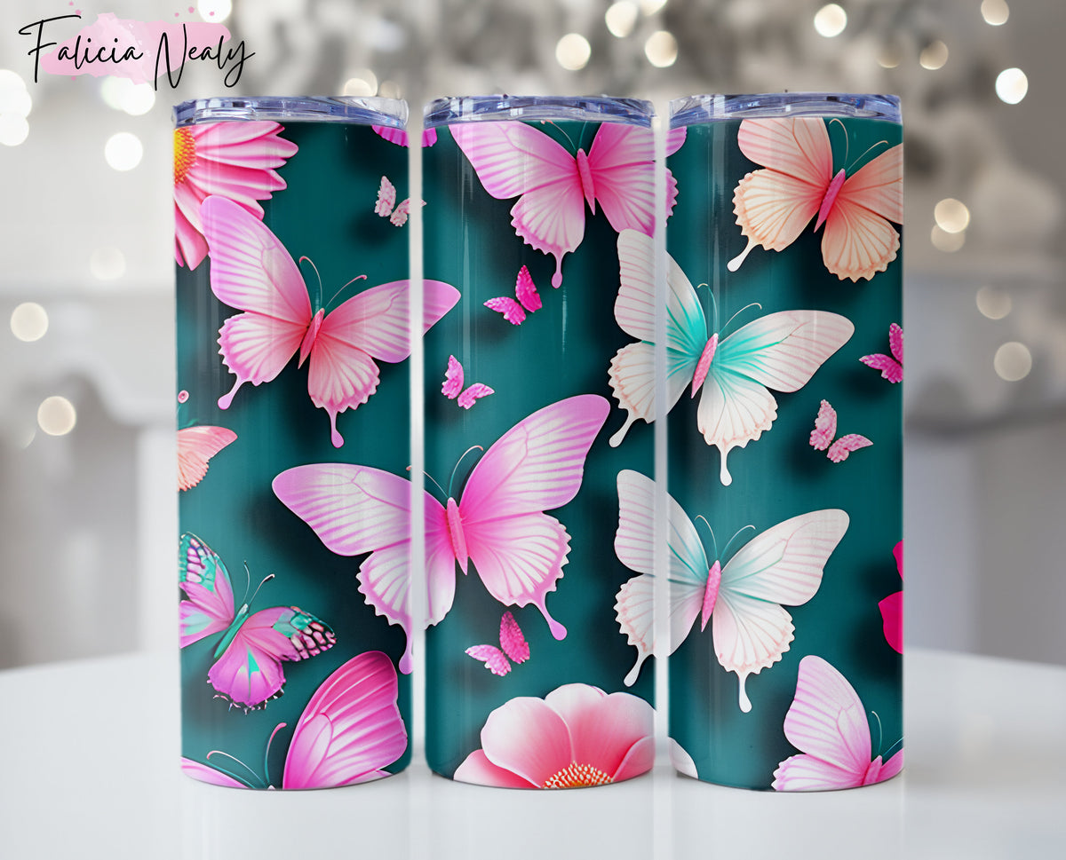 Colorful 3D Butterfly Tumbler Wrap - Bright Flowers Sublimation Design - 20 oz Skinny Tumbler PNG Art - Instant Download