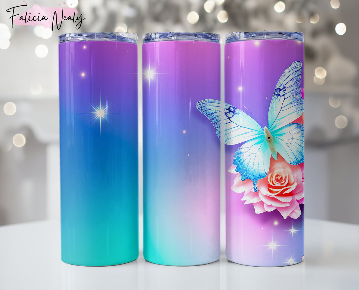 Personalized | Vibrant Butterfly Tumbler Wrap, Boho Sublimation Design, 20 oz Skinny Tumbler, Groovy Flower Tumbler PNG, Floral Flowers Png