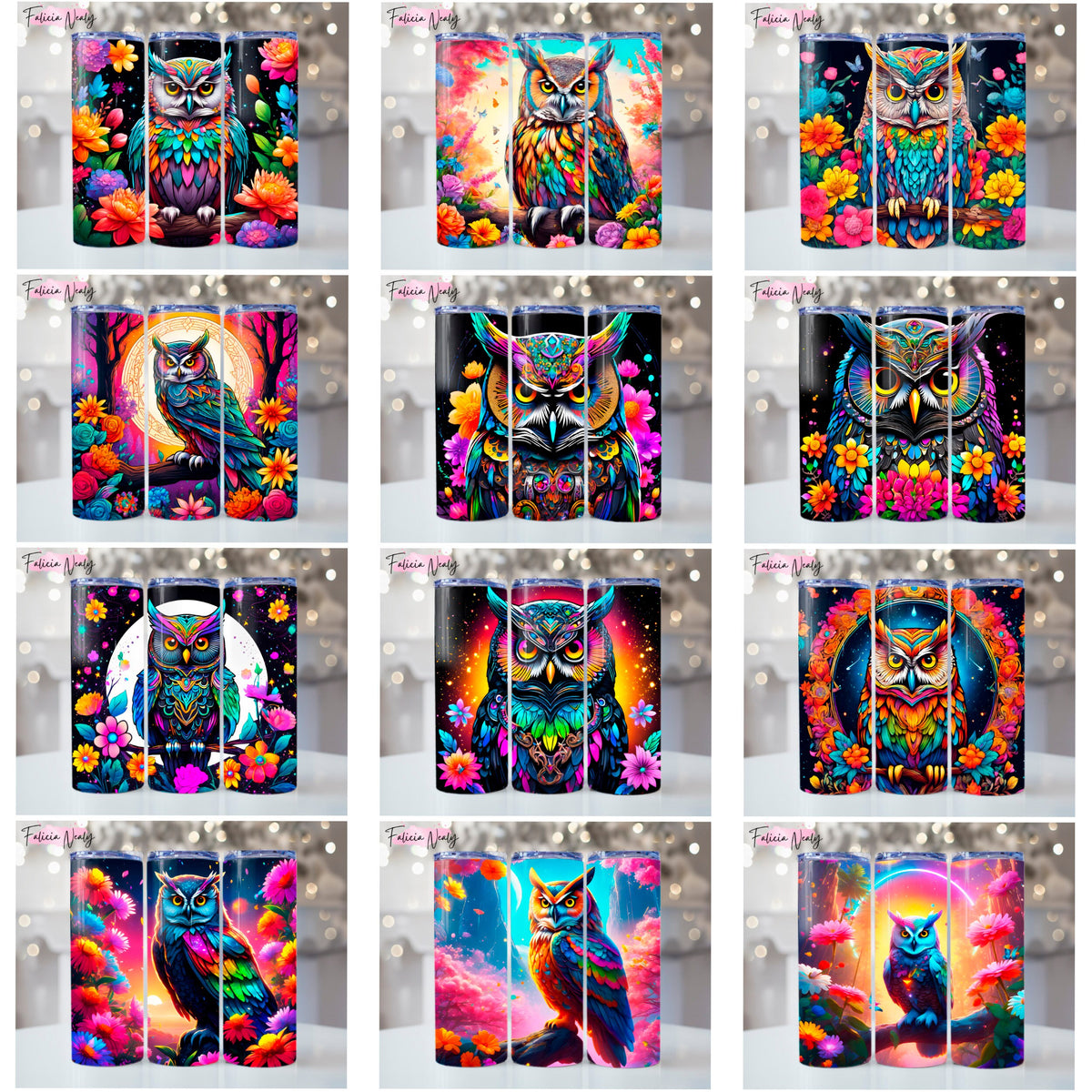 Sublimation Tumbler Bundle | Owl Prints | Beautiful | Bright & Colorful Artful Abstract Printable Art | 20oz Skinny Tumbler Design Bundles