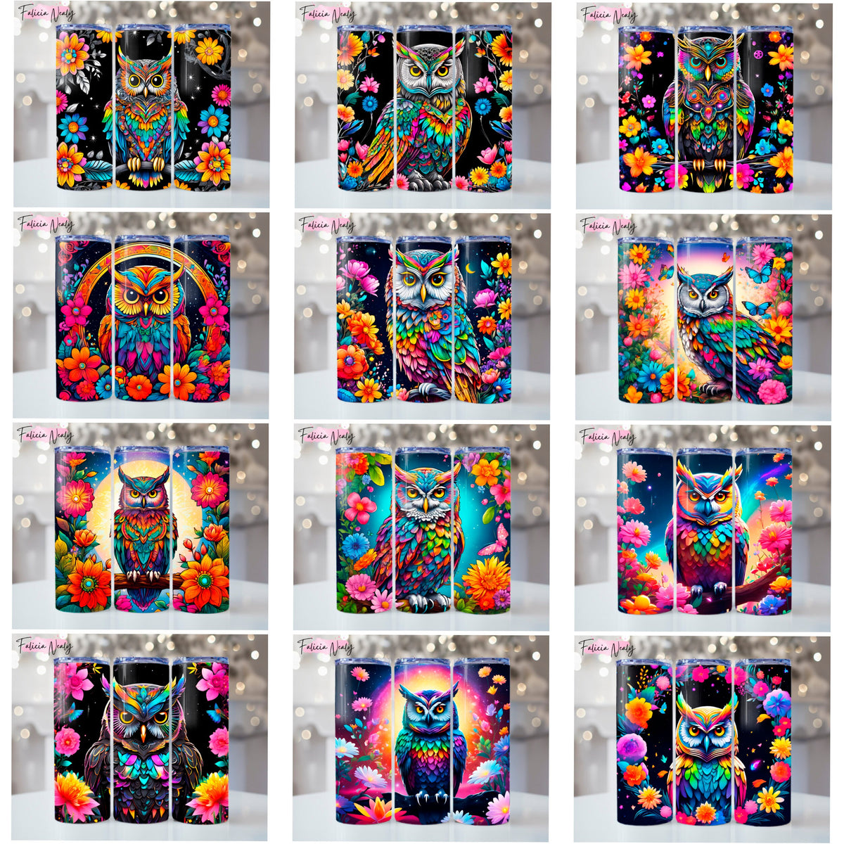 Sublimation Tumbler Bundle | Owl Prints | Beautiful | Bright & Colorful Artful Abstract Printable Art | 20oz Skinny Tumbler Design Bundles