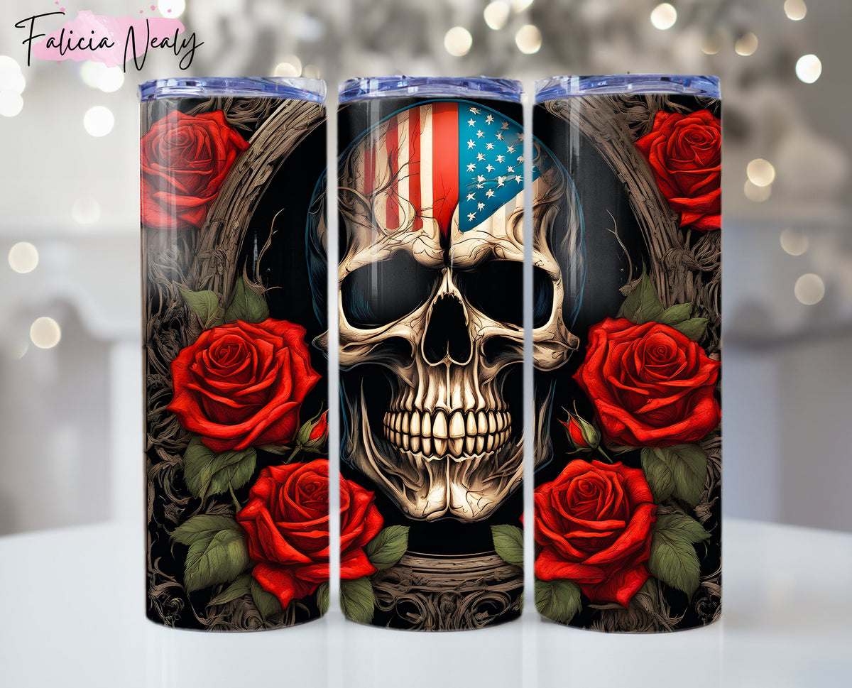 American Flag Skull Sublimation Tumbler Wrap - DTF & DTG Designs - 20oz PNG - Unique Gifts for Him