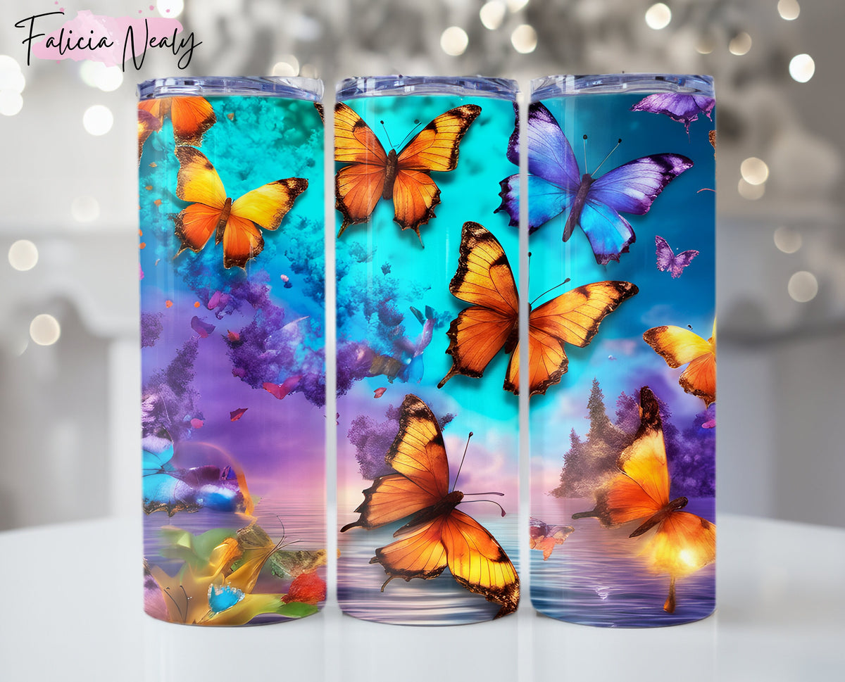 Colorful 3D Butterfly Tumbler Wrap - Pop Art Floral Design - Sublimation PNG - Pastel Flowers - 20 oz Skinny Tumbler Art - Cute Butterflies