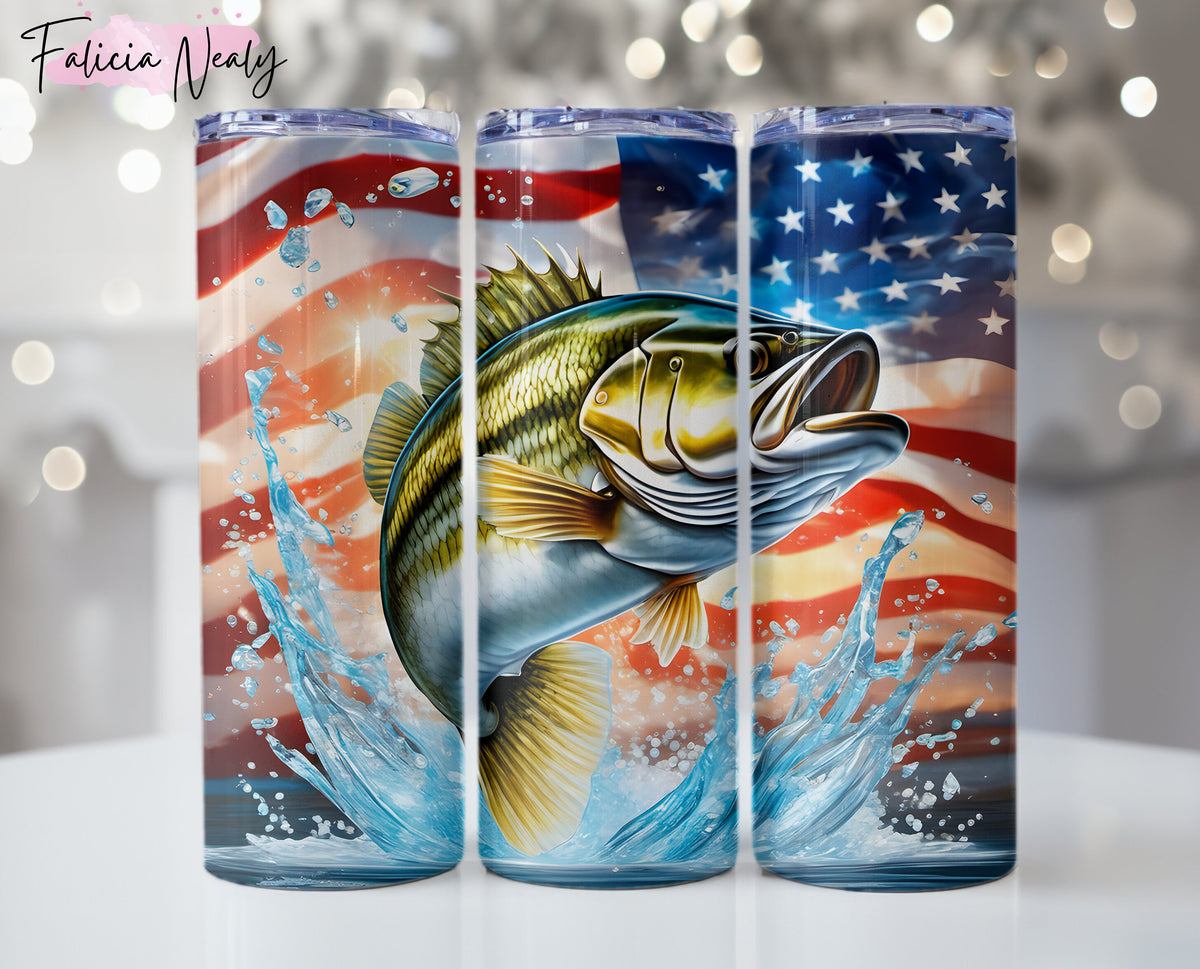 American Flag with Bass Tumbler Wrap PNG Sublimation Design | Patriotic Fishing Tumbler Graphic | Bass Jumping Out Of Water | Tumbler Dad