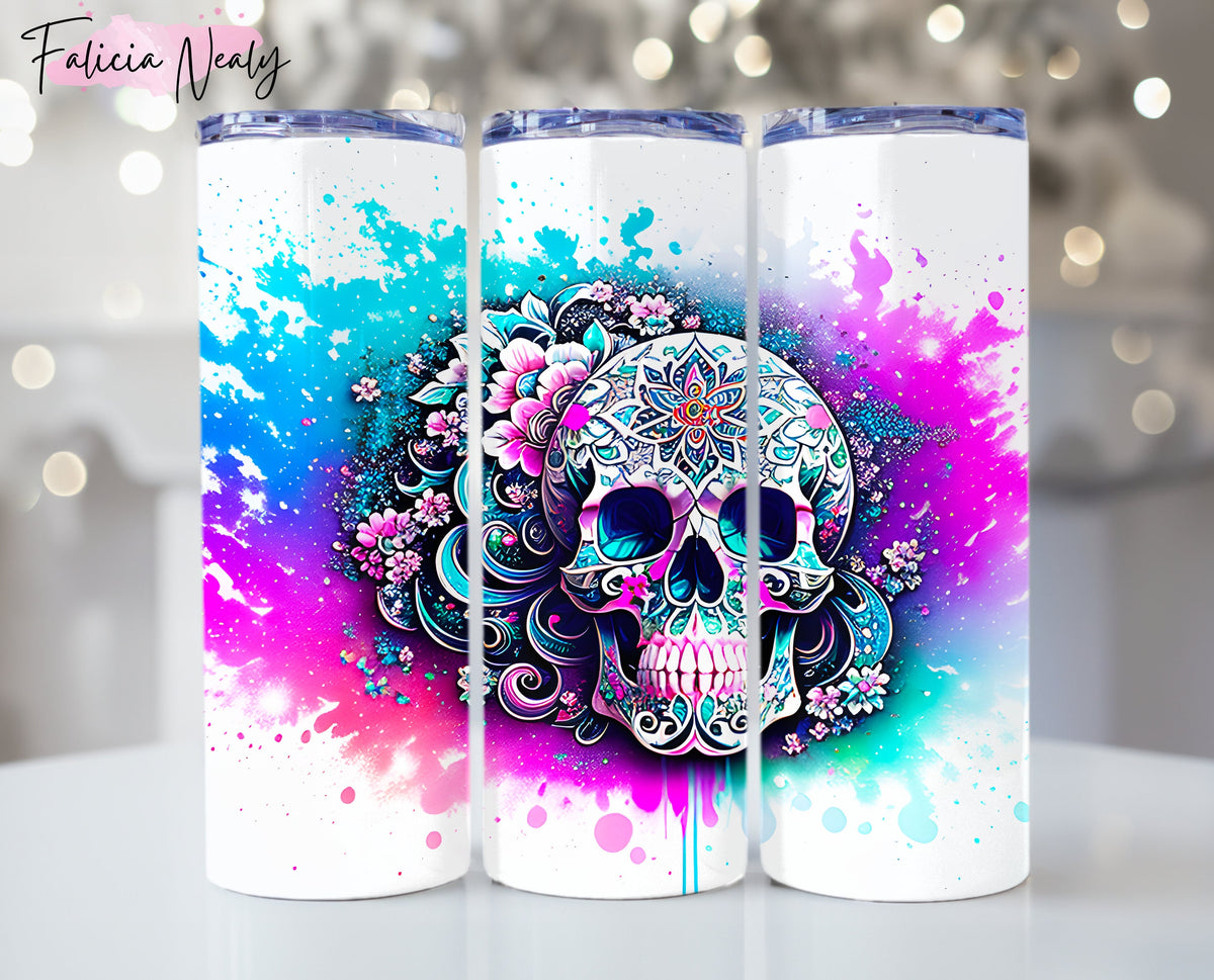 Sugar Skull Tumbler Design, 20oz Png Tumbler wrap, Skull With Flowers Png Digital Download, 3D Png, High Resolution, Tumbler Prints