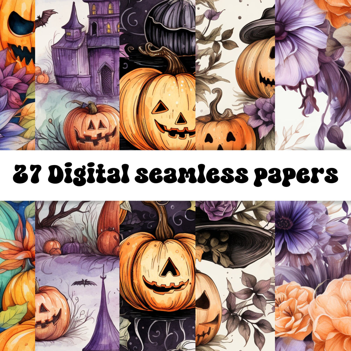 Halloween Digital Seamless Patterns, Halloween Background, Halloween PNG, Scrapbooking, Journal Covers, Witches, Skulls, Pumpkins