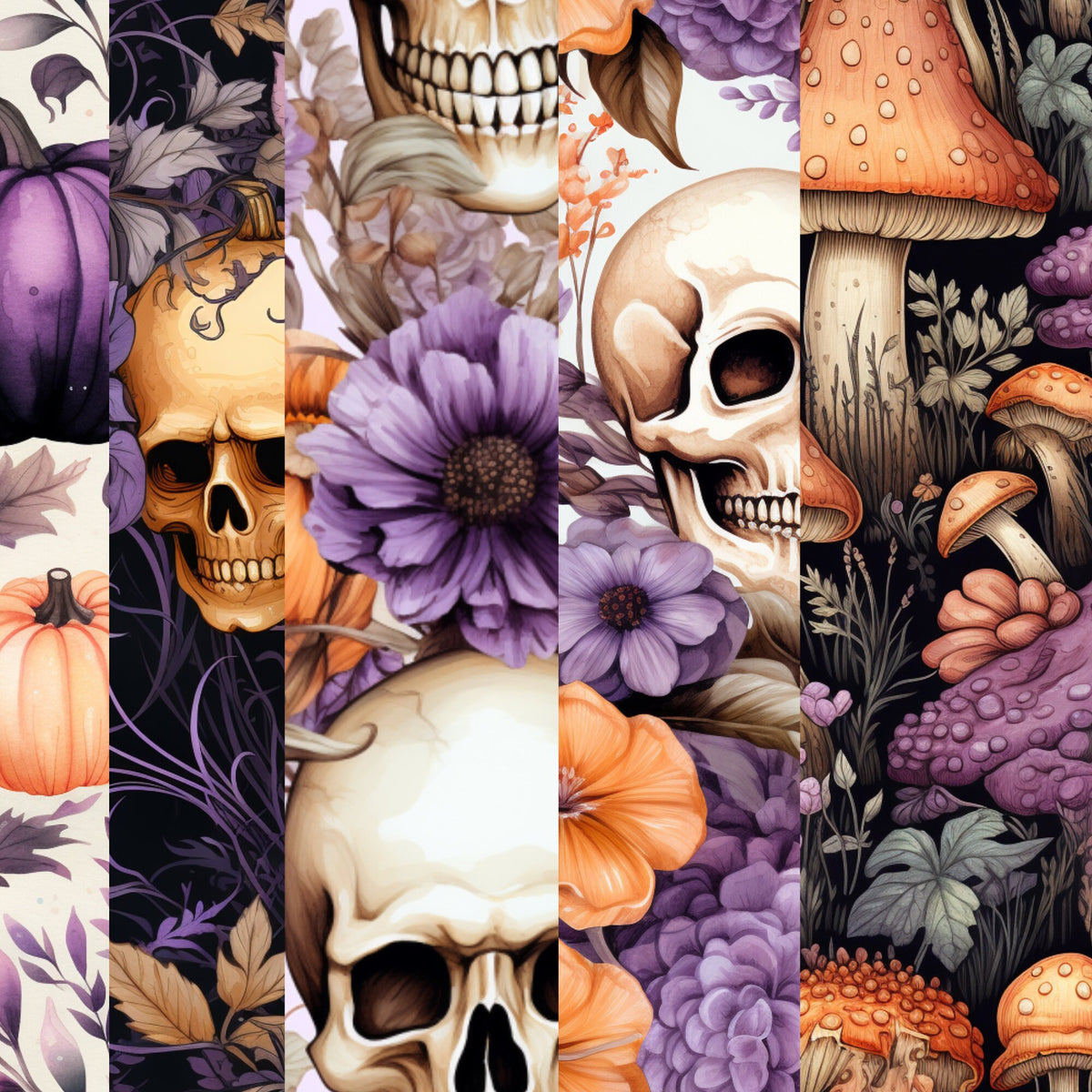 Halloween Digital Seamless Patterns, Halloween Background, Halloween PNG, Scrapbooking, Journal Covers, Witches, Skulls, Pumpkins