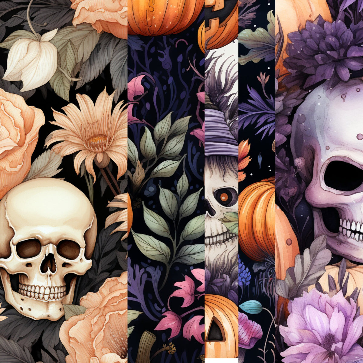 Halloween Digital Seamless Patterns, Halloween Background, Halloween PNG, Scrapbooking, Journal Covers, Witches, Skulls, Pumpkins