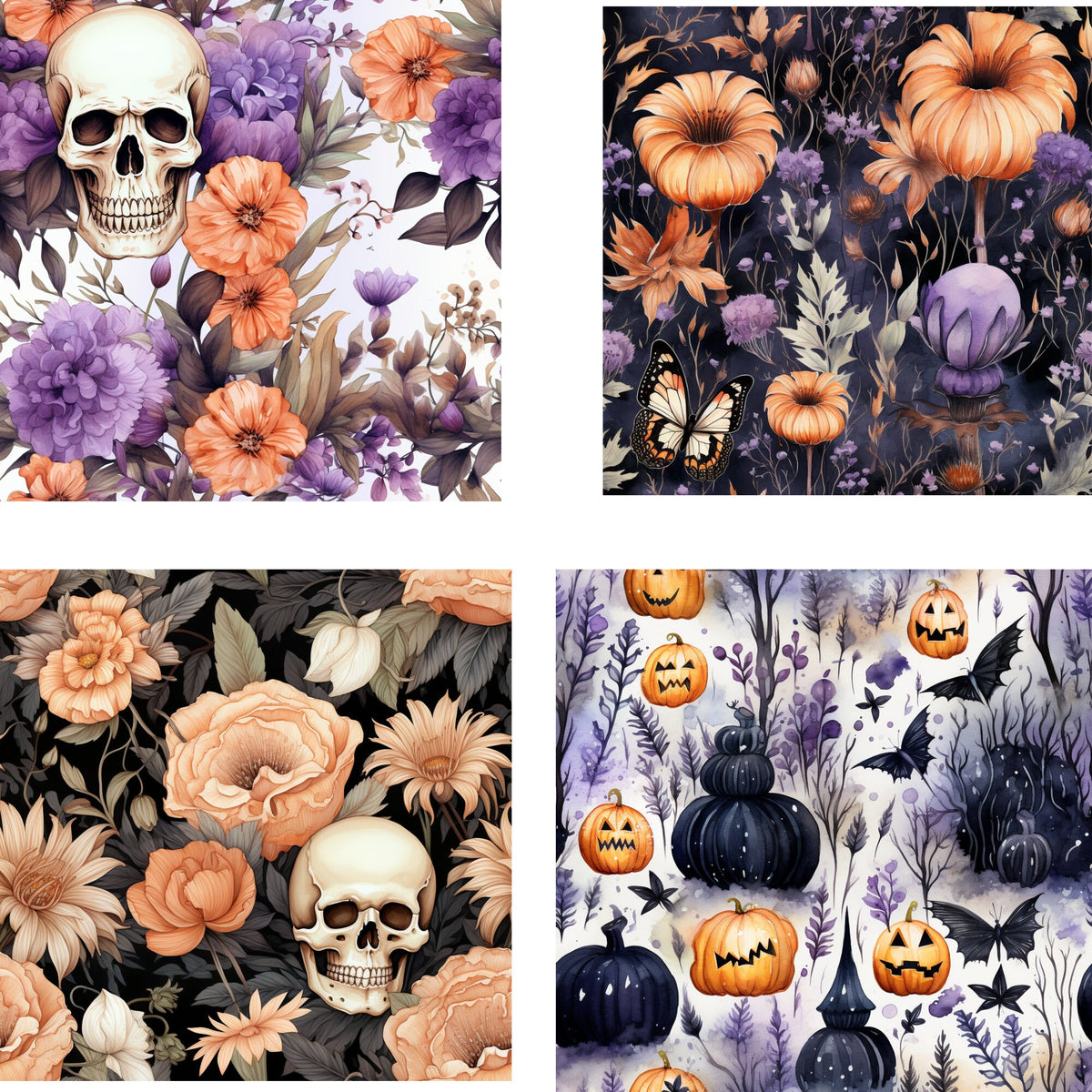 Halloween Digital Seamless Patterns, Halloween Background, Halloween PNG, Scrapbooking, Journal Covers, Witches, Skulls, Pumpkins