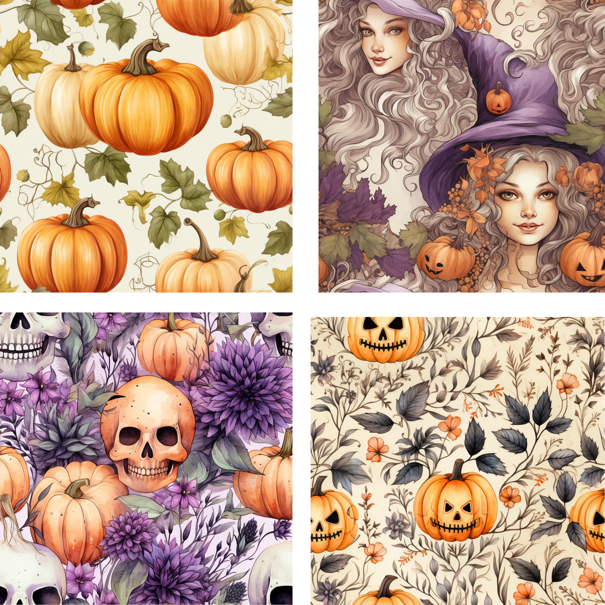 Halloween Digital Seamless Patterns, Halloween Background, Halloween PNG, Scrapbooking, Journal Covers, Witches, Skulls, Pumpkins