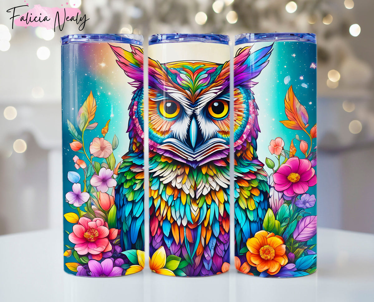 3D Owl Tumbler wrap | 20oz Skinny Tumbler | Sublimation | Digital Download Designs |  Whimsical Owl Illustration | Colorful Tumbler design