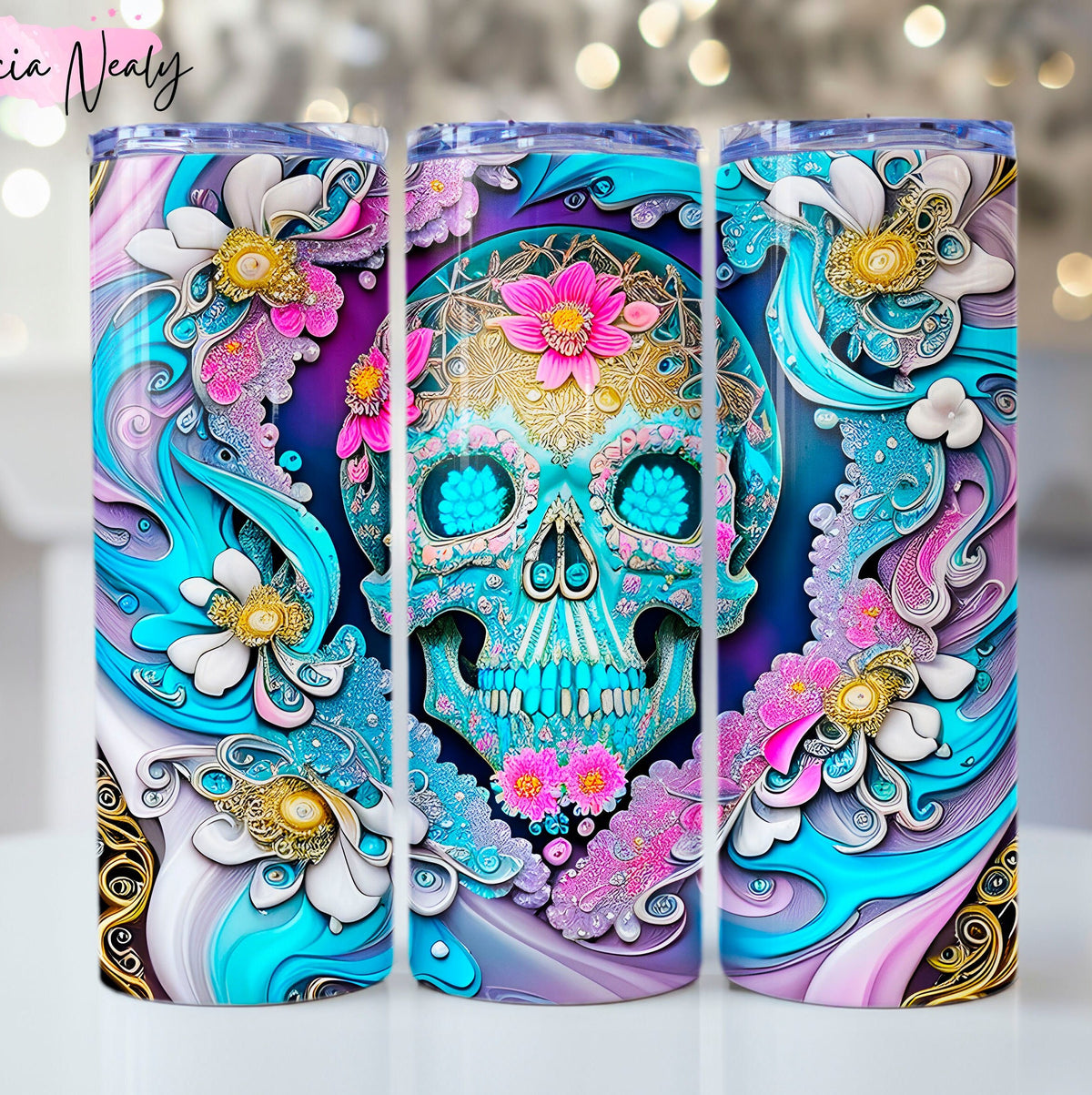 Sugar Skull Tumbler Wrap | Skull Artful Downloadable Print | Colorful Artful Skulls | PNG | Sublimation Design