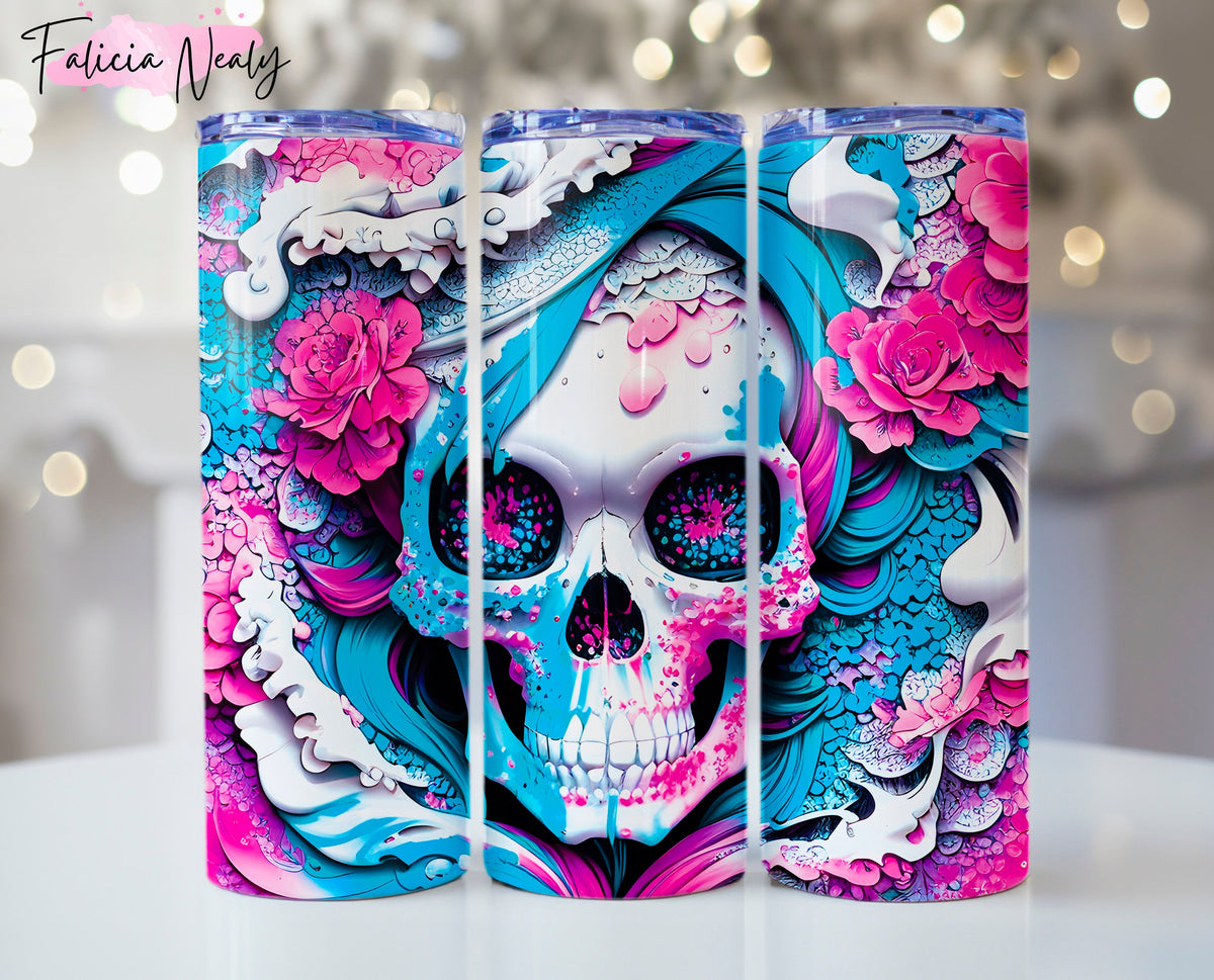 Sugar Skull 20oz Tumbler Wrap PNG Design, Colorful And Bright Artful Art, Great For Sublimation And DTF Printing, POD Usage Allowed,
