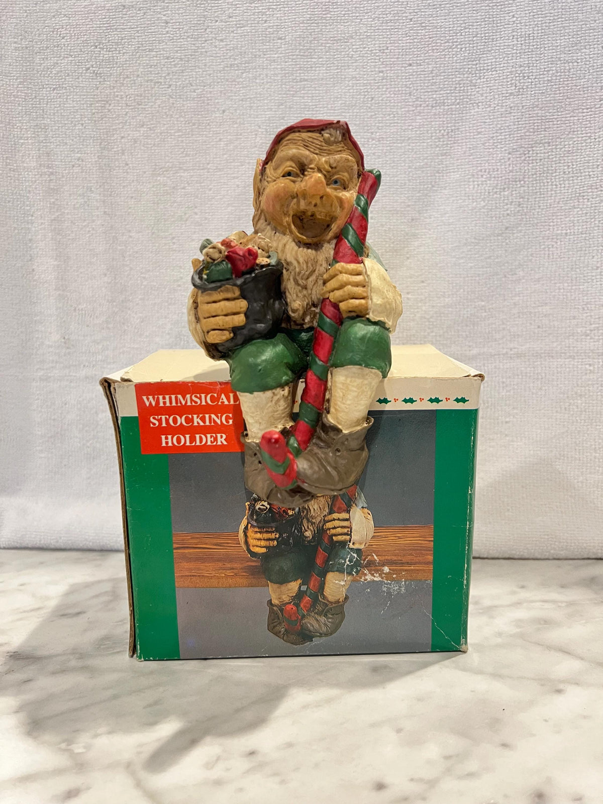 Whimsical laughing Elf, Stocking Holder, Christmas Elf, Vintage Christmas Decor