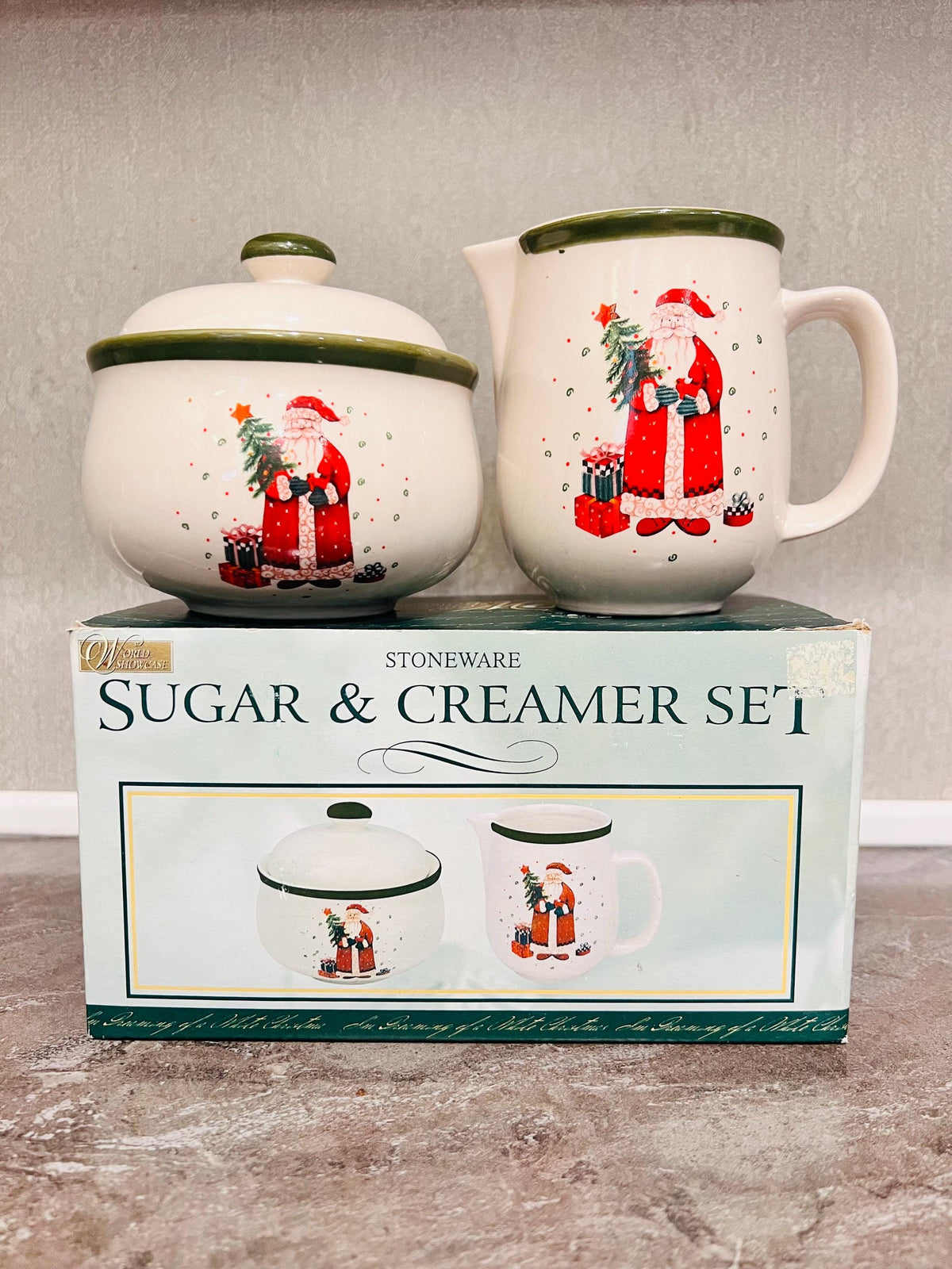 Stoneware ceramic Sugar and Creamer Set,  Christmas Vintage Decor, Vintage Kitchen Decor, Holiday Santa Set, Christmas Santa Decor,